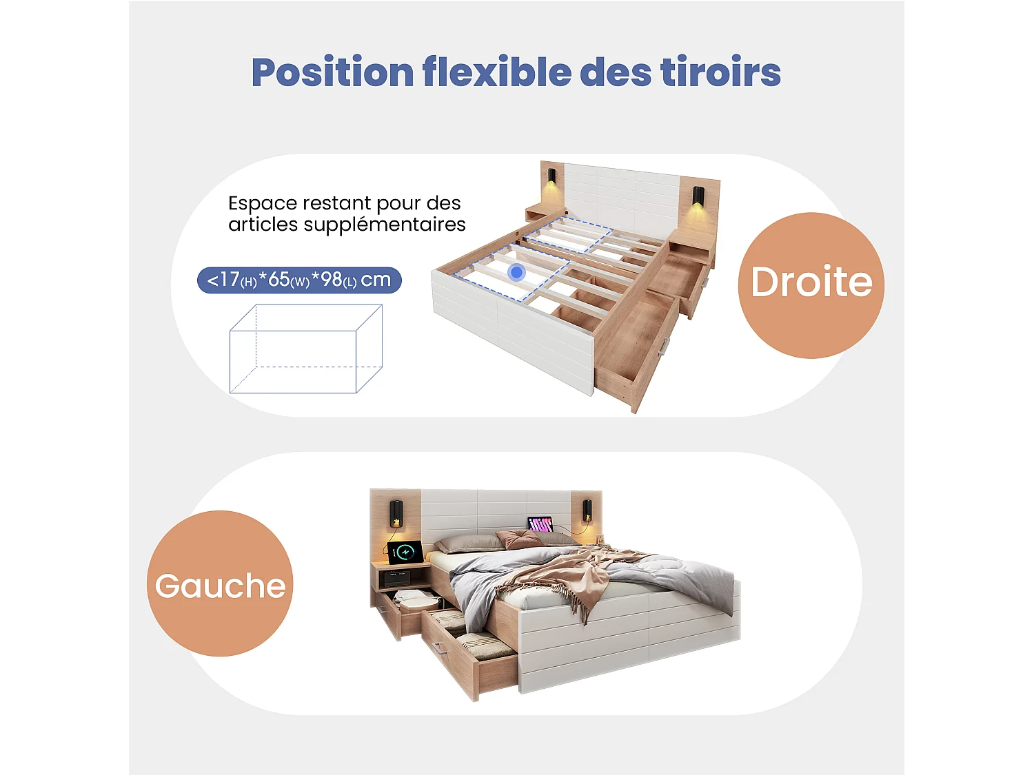 Bed 160x200cm - Hoofdeinde Met Leeslamp - USB Oplaadpunt - 2 Lades - Voor Slaapkamer - Hout & MDF - Wit+Lichtbruin - Zonder matras