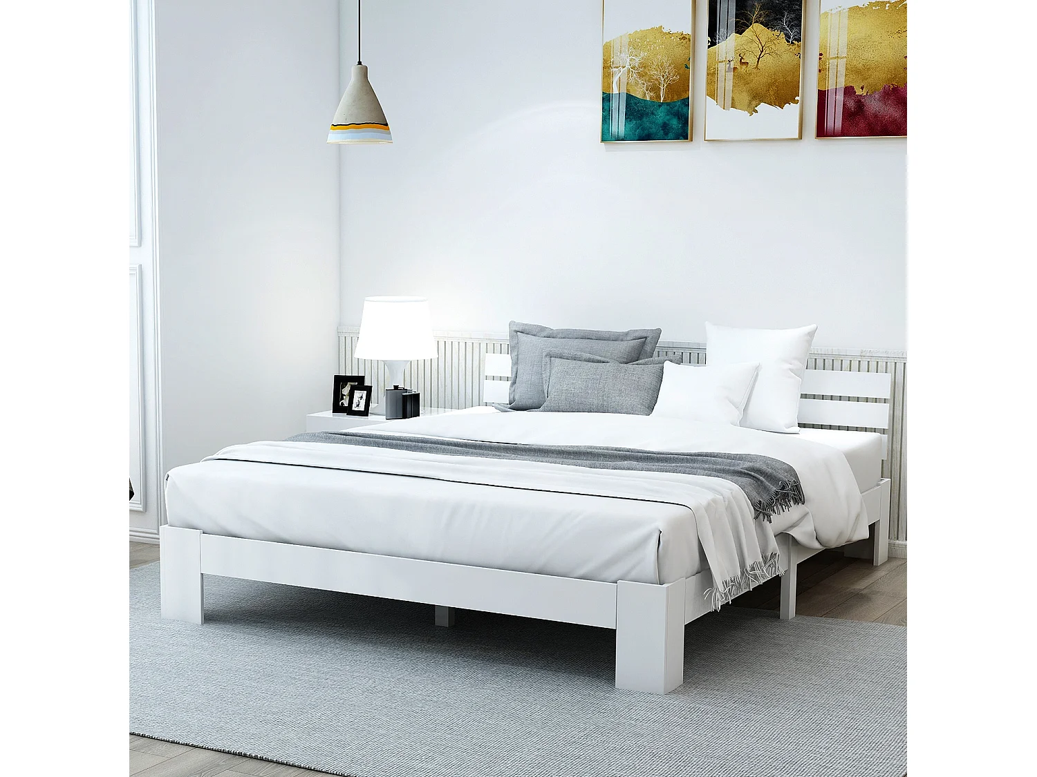 Lit double en bois blanc 140x200cm, tête de lit, espace de rangement, style simple, sans matelas