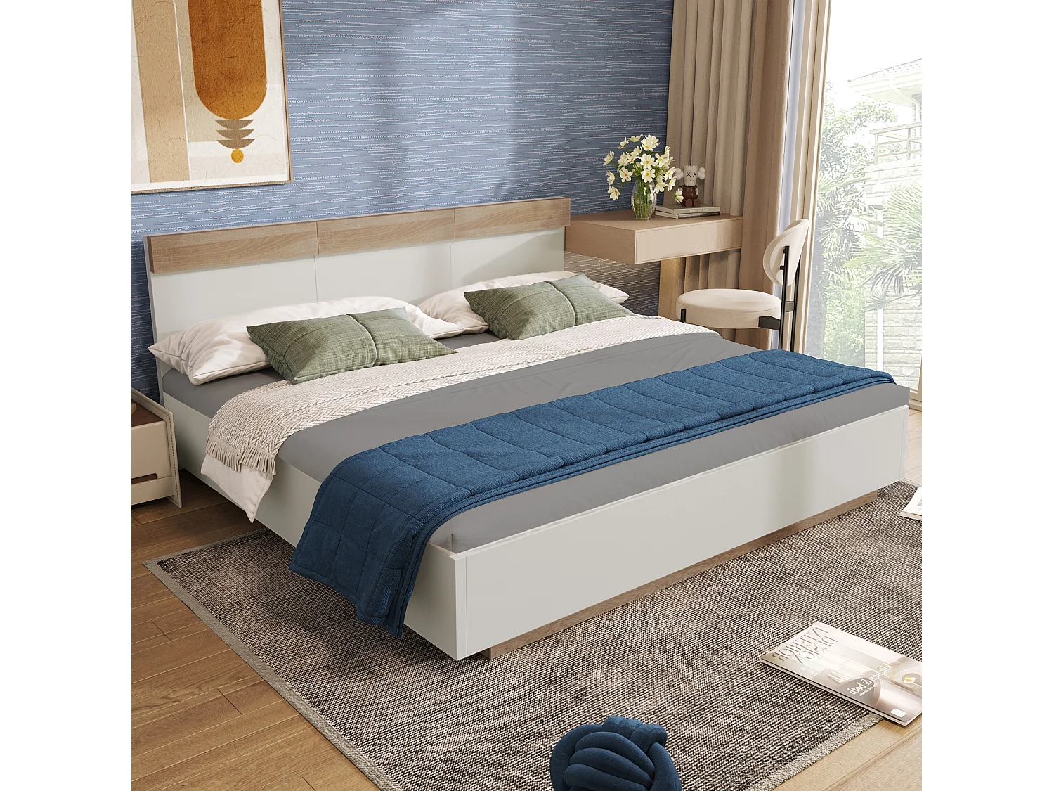 Lit double en bois 160x200 cm, style moderne, tête de lit, couleur de chêne Sonoma et  blanc, sans matelas