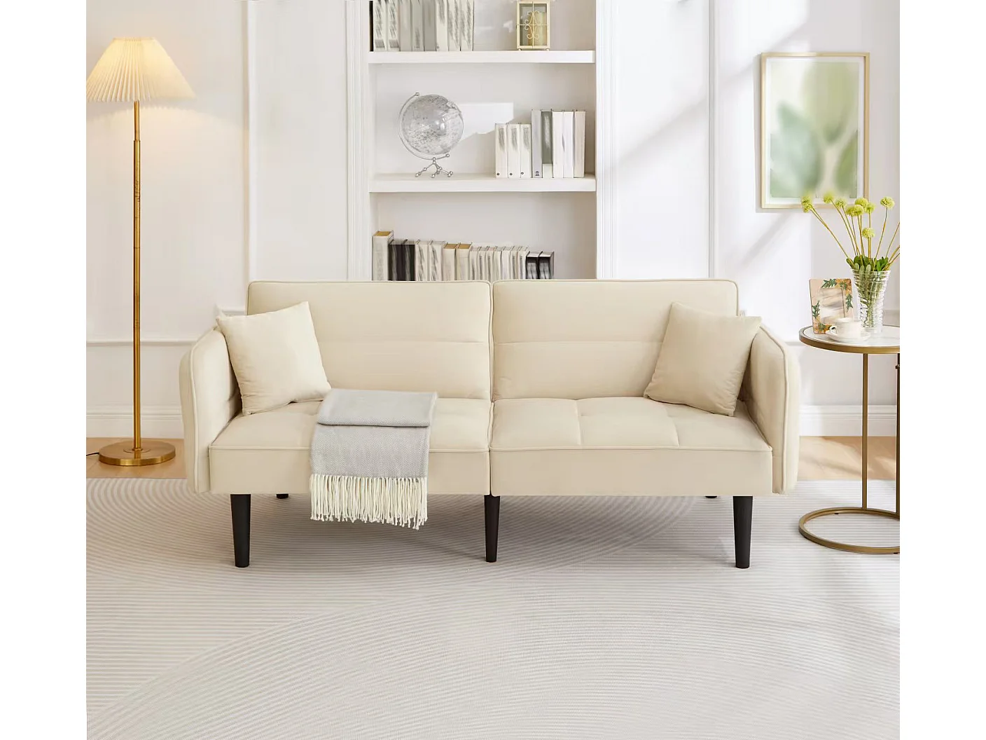 Canapé 2 places moderne, 176 x 78 x 76, clic clac, dossier et accoudoirs réglable, Velours Beige