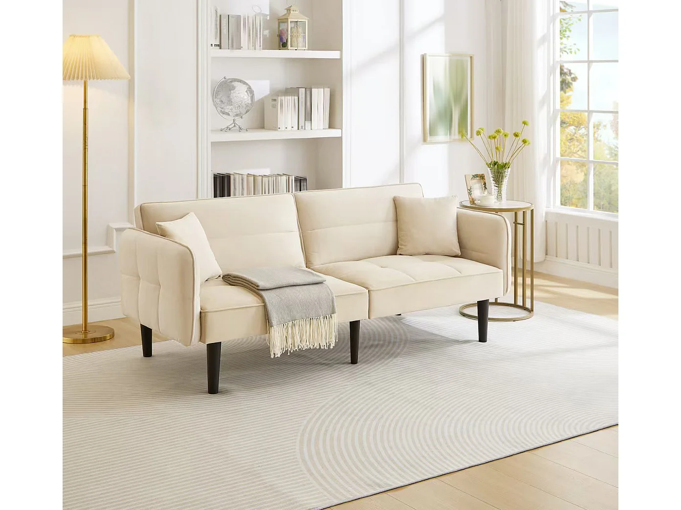 Canapé 2 places moderne, 176 x 78 x 76, clic clac, dossier et accoudoirs réglable, Velours Beige