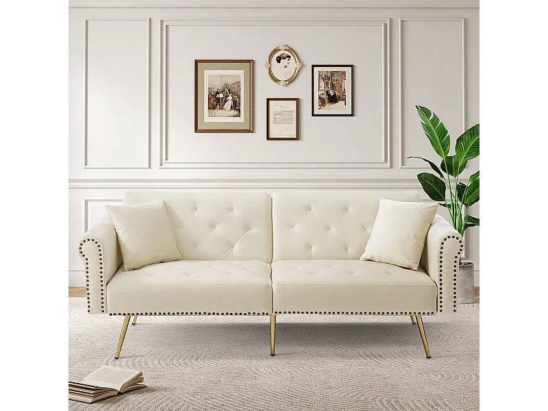 Canapé 2 places moderne, 173 x 75x 70, clic clac, dossier réglable sur 3 niveaux, Velours Beige