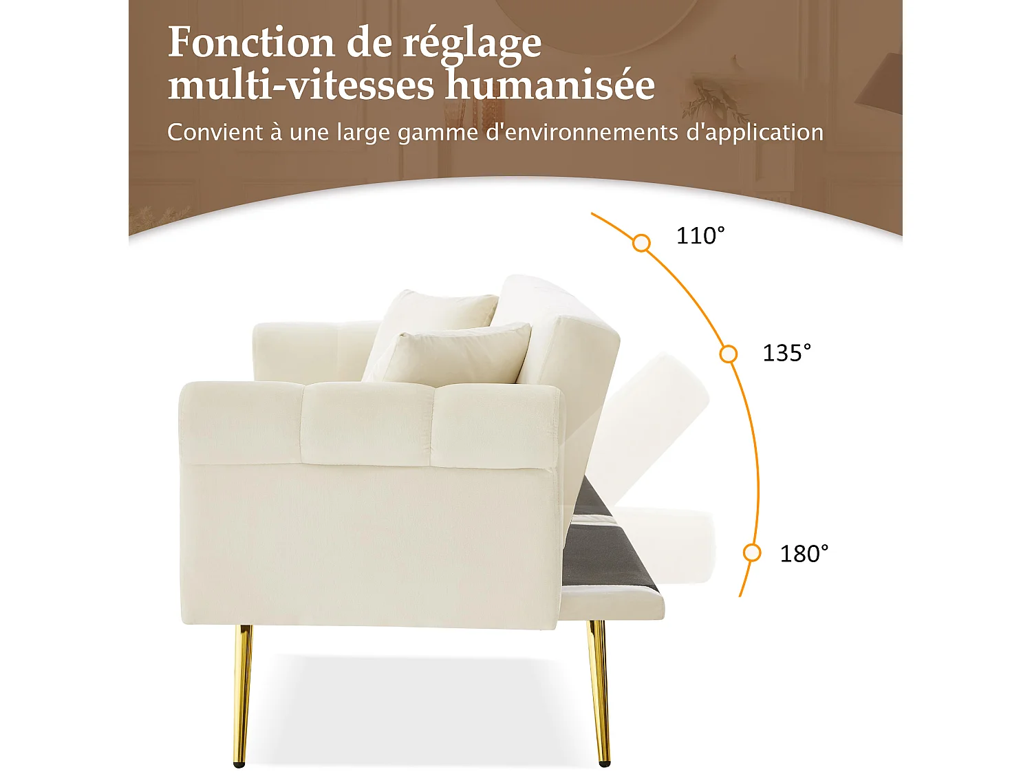 Canapé 2 places moderne, 173 x 75x 70, clic clac, dossier réglable sur 3 niveaux, Velours Beige