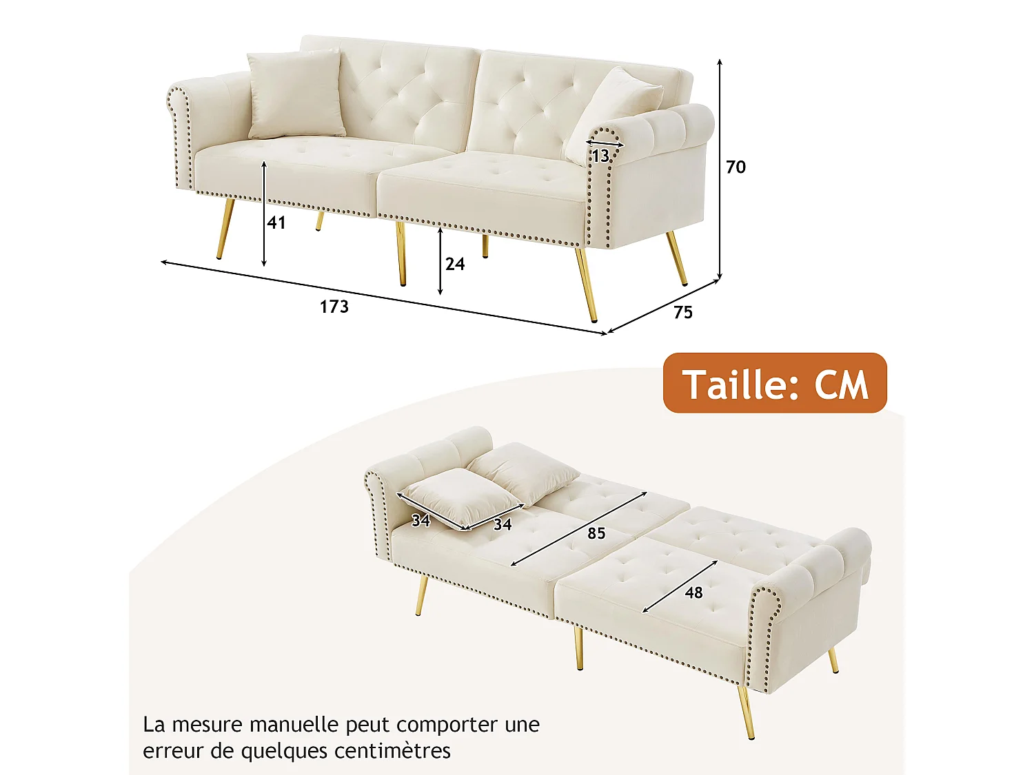 Canapé 2 places moderne, 173 x 75x 70, clic clac, dossier réglable sur 3 niveaux, Velours Beige