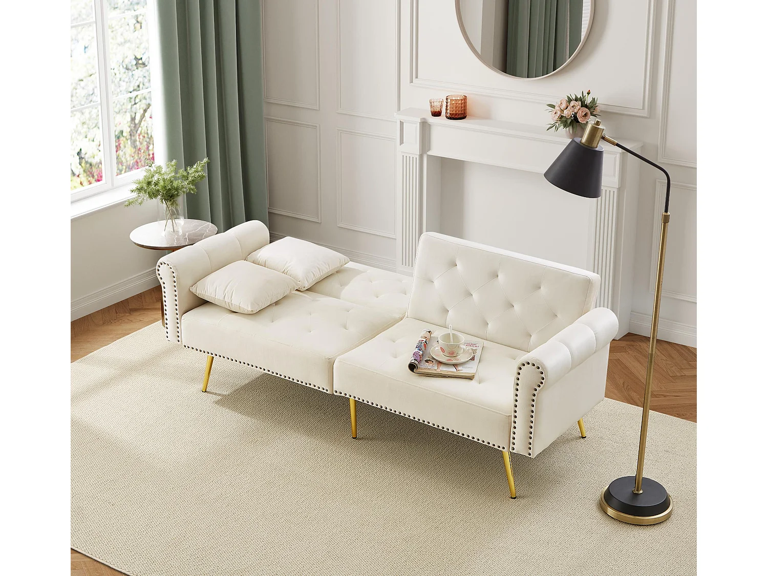 Slaapbank 2 Zits 147 X 85 Cm - 3 Standen Verstelbare Dubbele Rugleuning - Voor Woonkamer Of Logeerkamer - Fluweel - Beige