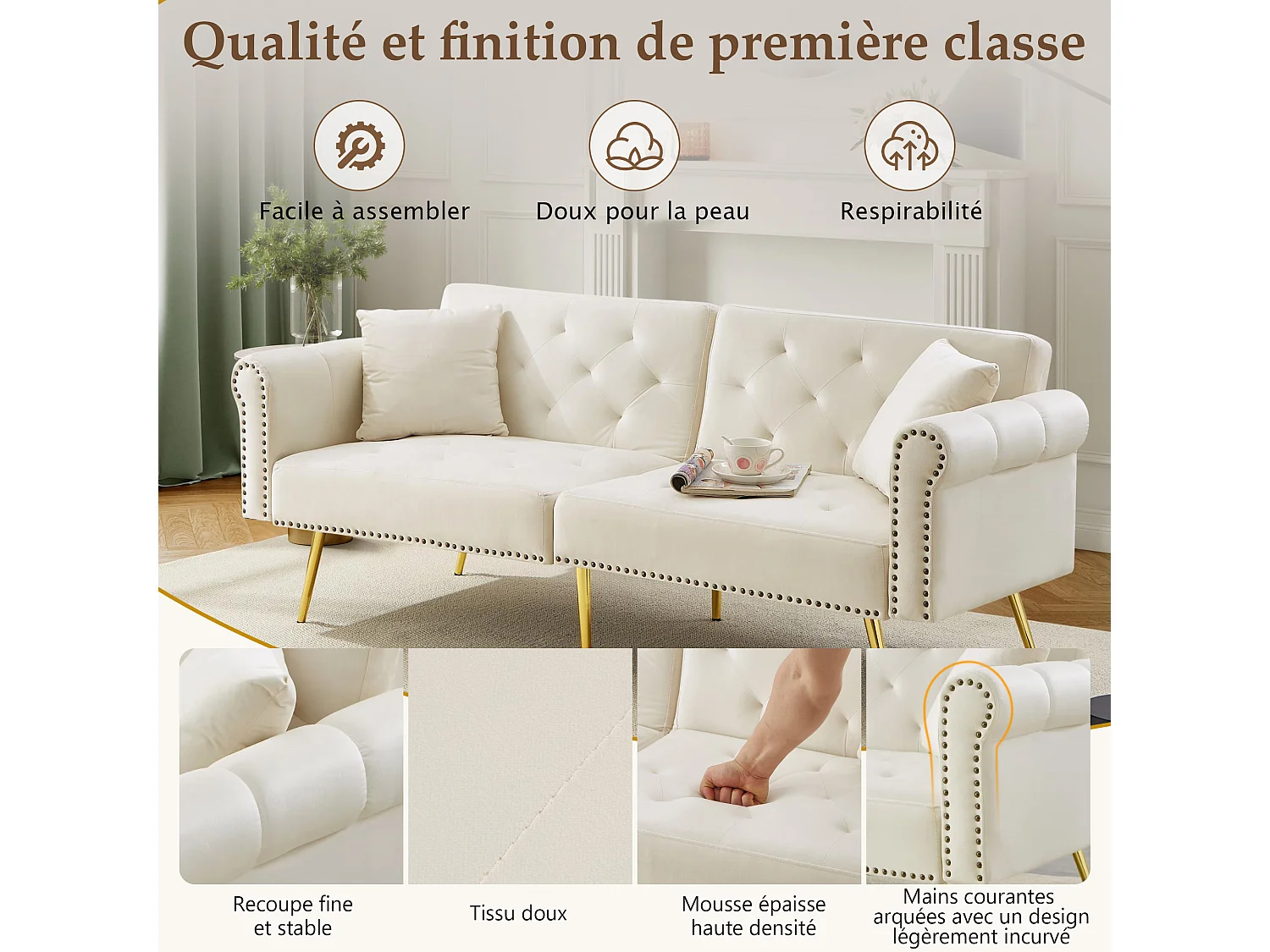 Slaapbank 2 Zits 147 X 85 Cm - 3 Standen Verstelbare Dubbele Rugleuning - Voor Woonkamer Of Logeerkamer - Fluweel - Beige