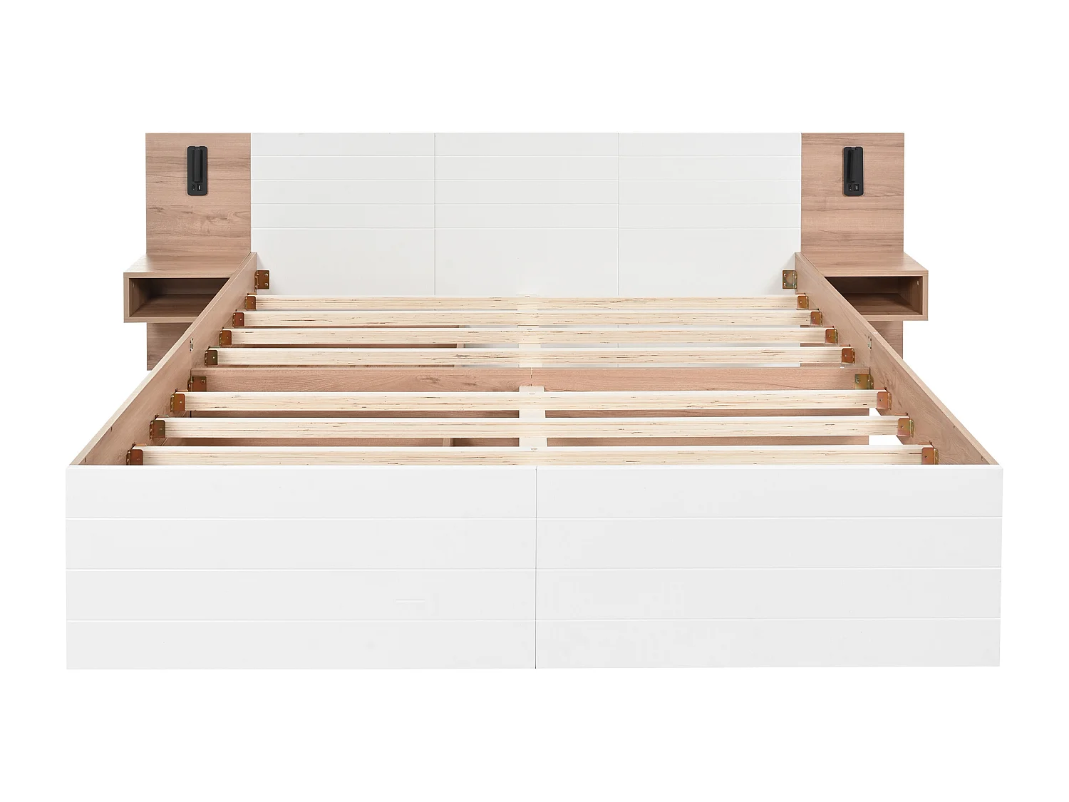 Lit double moderne 180×200cm avec 2 tiroirs, lampe de lecture et port USB, chevet, en bois blanc, sans matelas