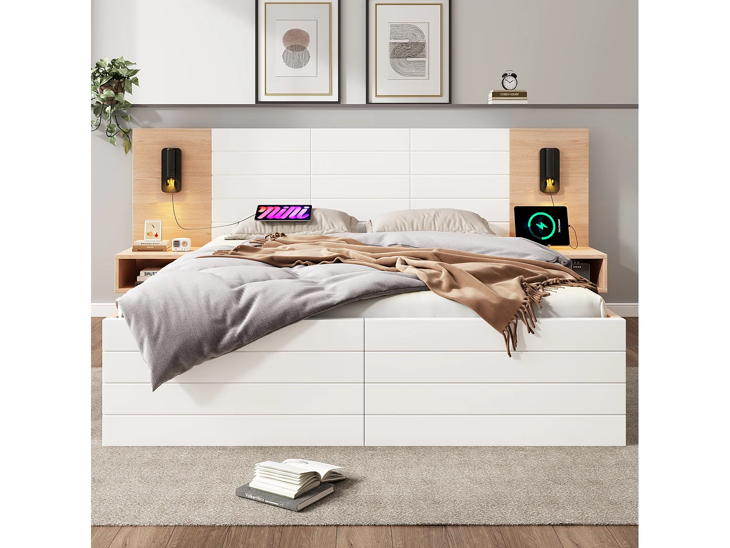 Lit Adulte 180 x 200 cm - Lit avec 2 Tiroirs & Lampe Lecture 360° avec USB - En Bois Massif et MDF - Blanc+Chêne Clair - Sans matelas