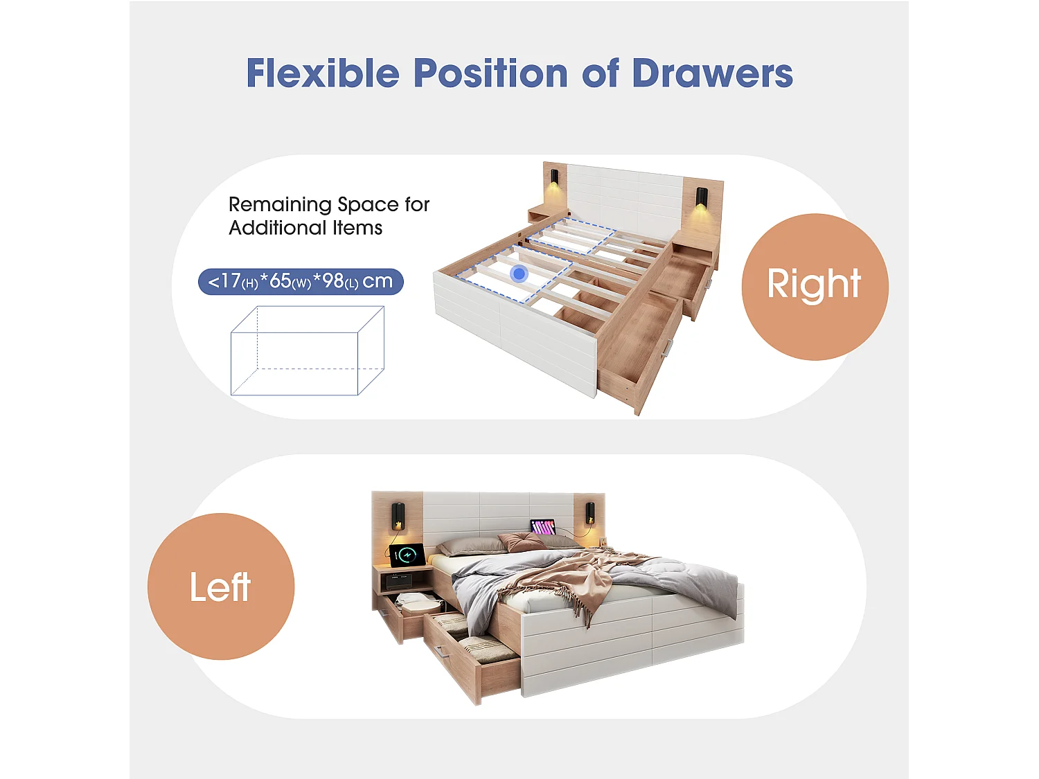 Lit Adulte 180 x 200 cm - Lit avec 2 Tiroirs & Lampe Lecture 360° avec USB - En Bois Massif et MDF - Blanc+Chêne Clair - Sans matelas