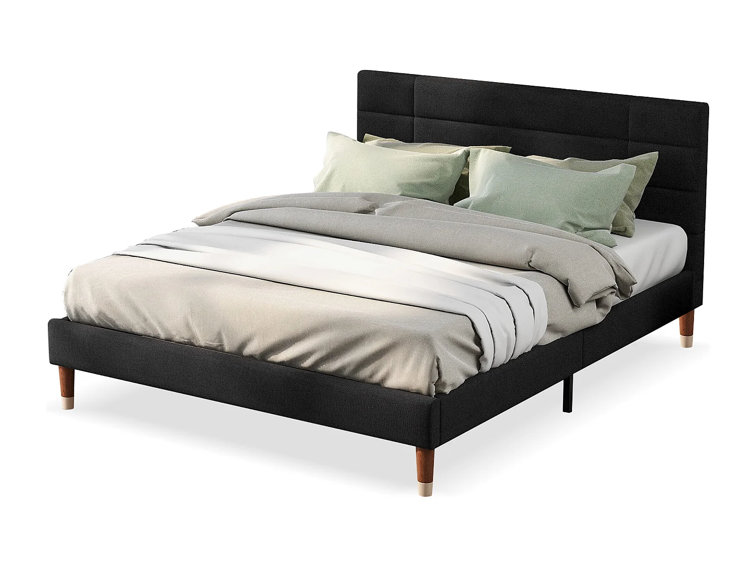 Lit double 140x200cm, sommier à lattes, tête de lit, pour adultes et adolescents, lin noir, sans matelas