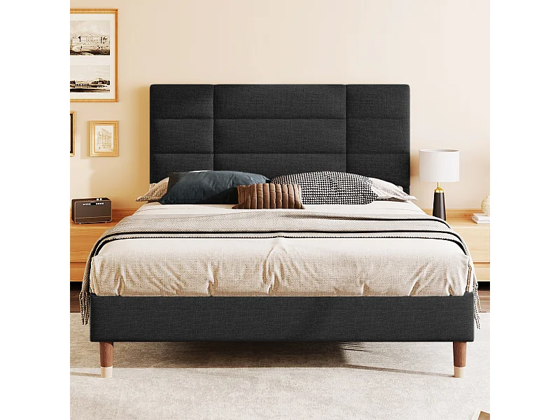 Lit double 140x200cm, sommier à lattes, tête de lit, pour adultes et adolescents, lin noir, sans matelas