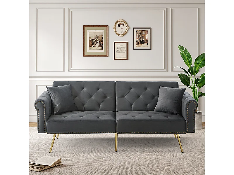 Canapé 2 places moderne, 173 x 75 x 70, clic clac, dossier réglable sur 3 niveaux, Velours Gris anthracite