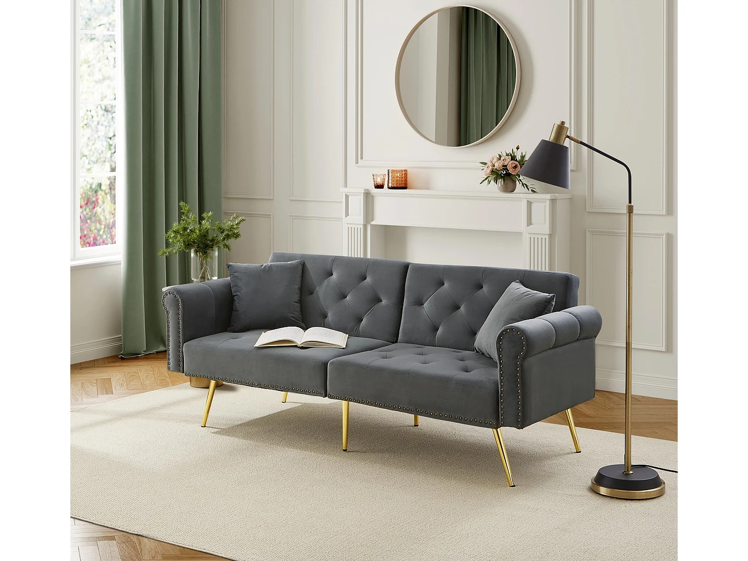 Canapé 2 places moderne, 173 x 75 x 70, clic clac, dossier réglable sur 3 niveaux, Velours Gris anthracite