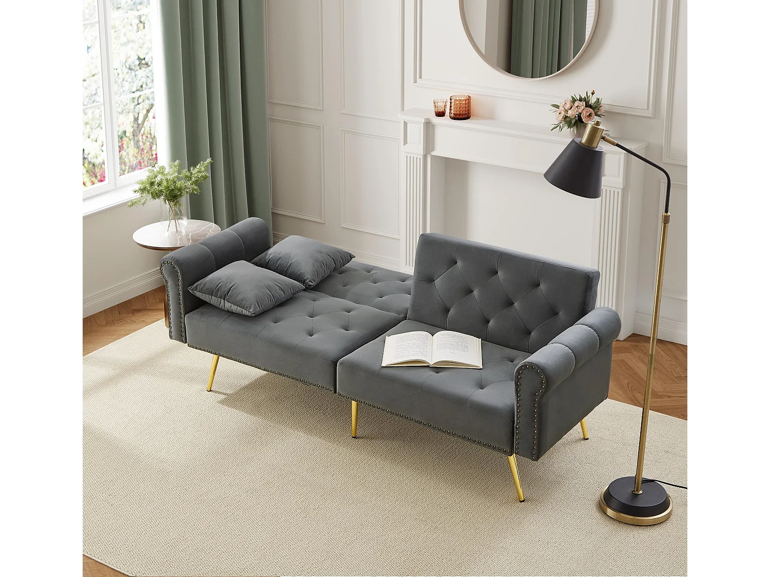 Slaapbank 2 Zits 147x85 Cm - 3 Standen Verstelbare Rugleuningen - Voor Woonkamer Of Logeerkamer - Fluweel - Antiekgrijs