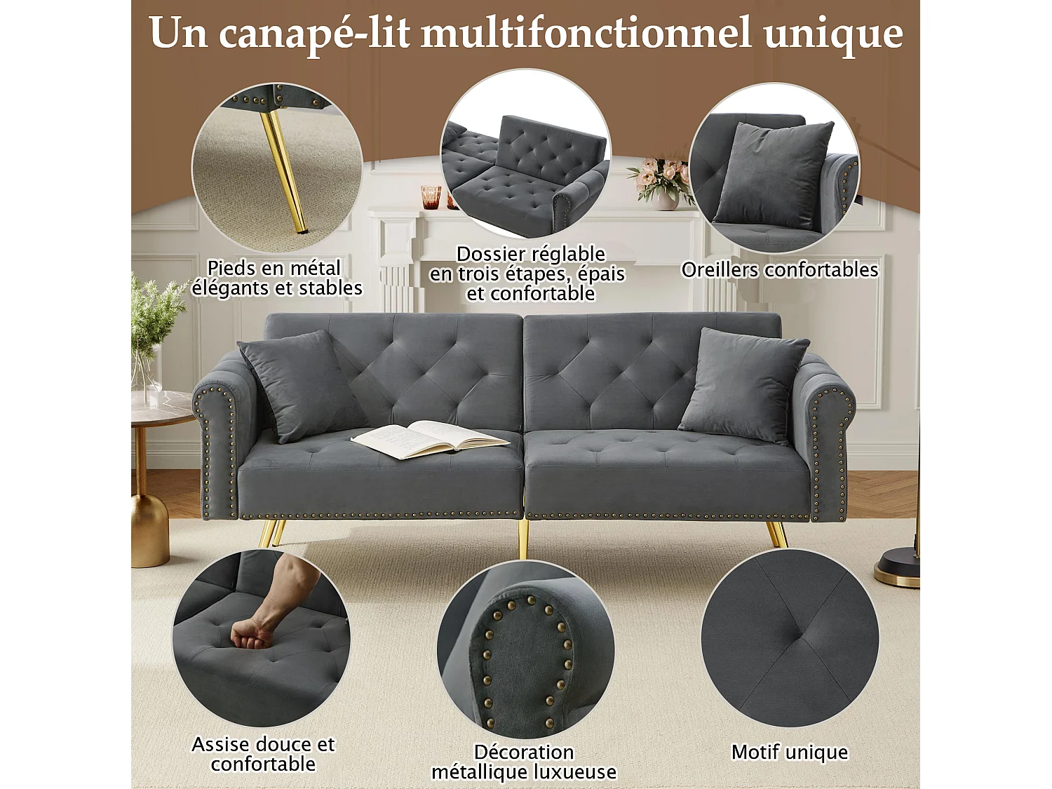 Slaapbank 2 Zits 147x85 Cm - 3 Standen Verstelbare Rugleuningen - Voor Woonkamer Of Logeerkamer - Fluweel - Antiekgrijs