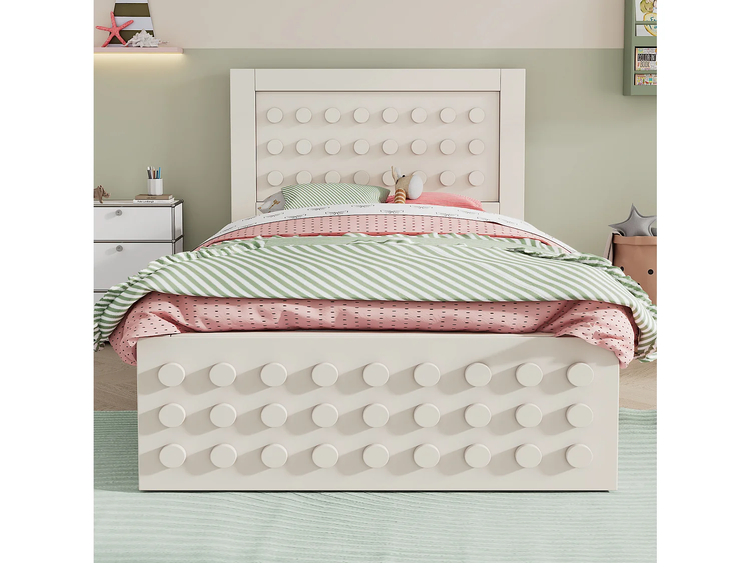 Lit simple en bois blanc 90x200 cm, lit enfant, design en blocs, tiroirs, espace de rangement, sans matelas