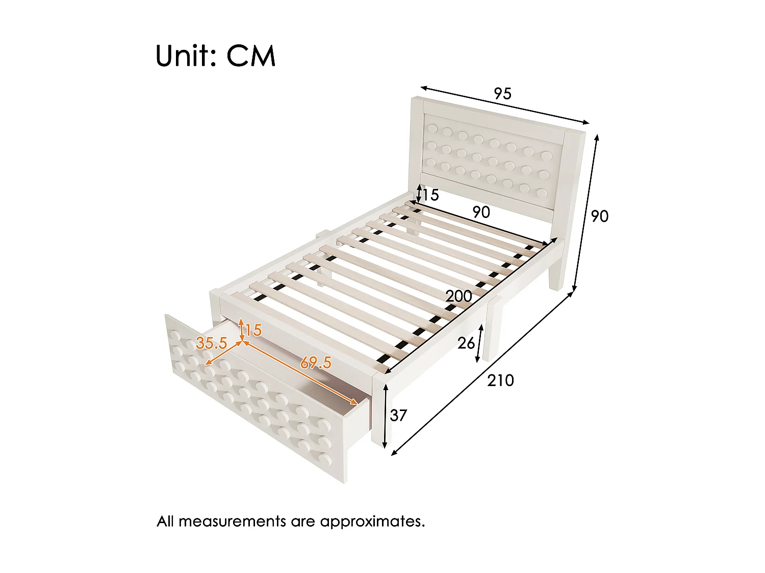 Lit Enfants 90 x 200 cm - Cadre en Bois Massif, Tiroir et Espace Sous-Lit 26 cm - Design Bloc Créatif avec Bords Chanfreinés Sans matelas - Blanc