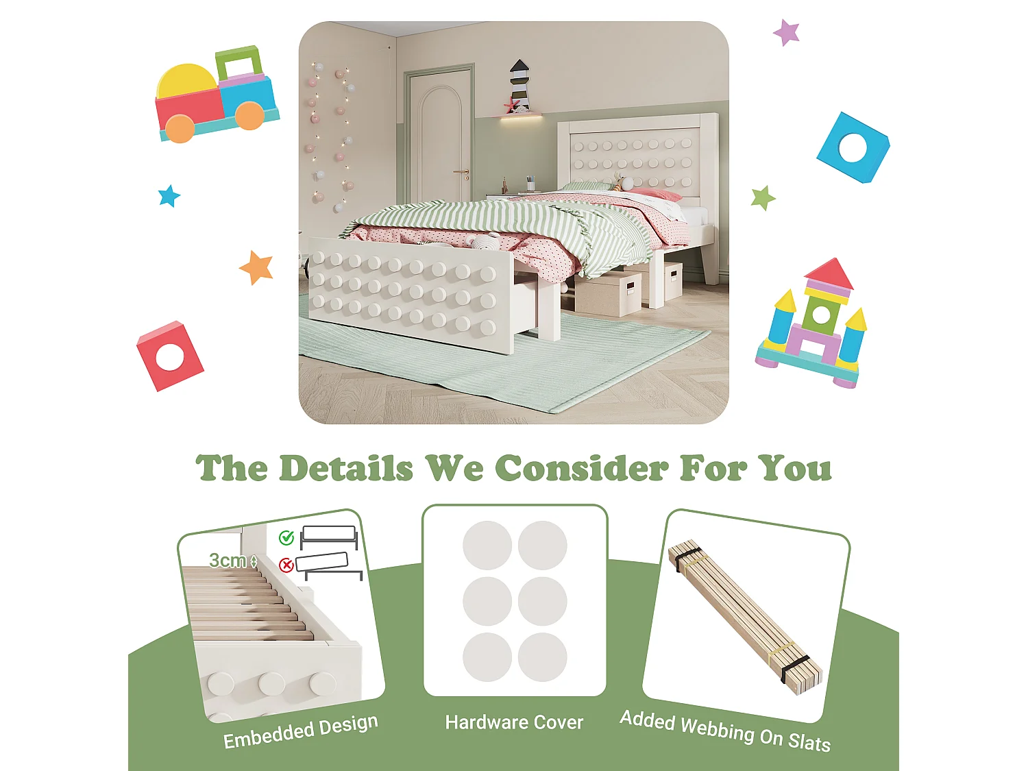 Lit Enfants 90 x 200 cm - Cadre en Bois Massif, Tiroir et Espace Sous-Lit 26 cm - Design Bloc Créatif avec Bords Chanfreinés Sans matelas - Blanc