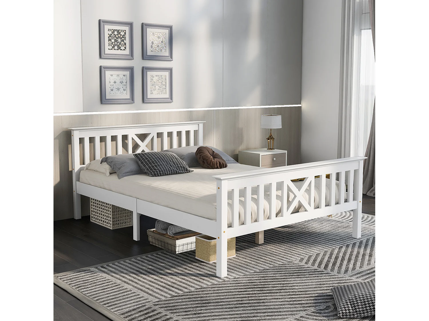 Cama Doble 140x200 Cm Con Cabecero En X Y Somier Madera Maciza – Color Blanco