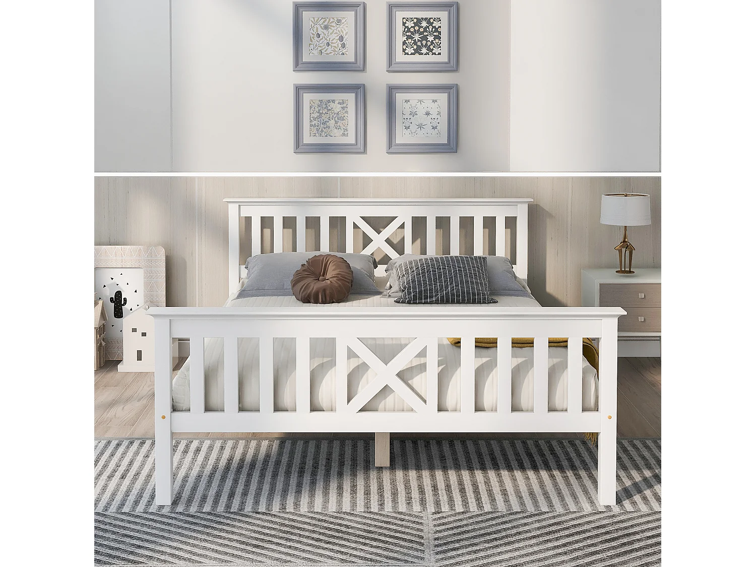 Cama Doble 140x200 Cm Con Cabecero En X Y Somier Madera Maciza – Color Blanco