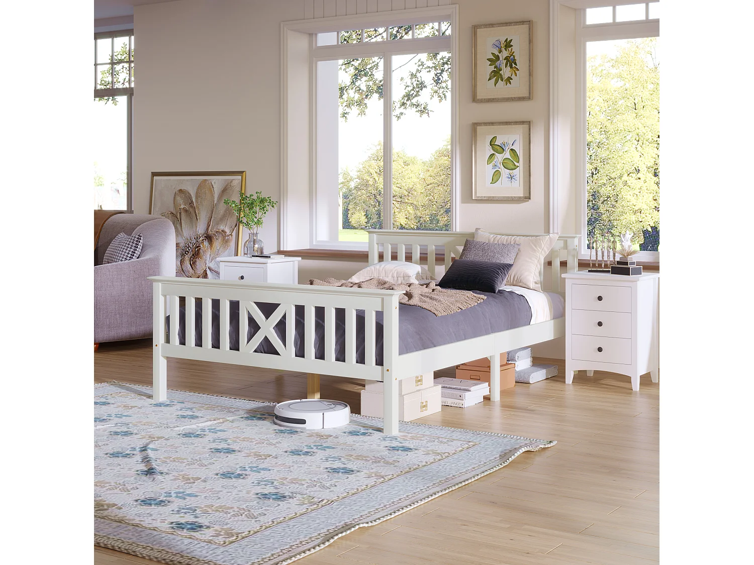 Cama Doble 140x200 Cm Con Cabecero En X Y Somier Madera Maciza – Color Blanco
