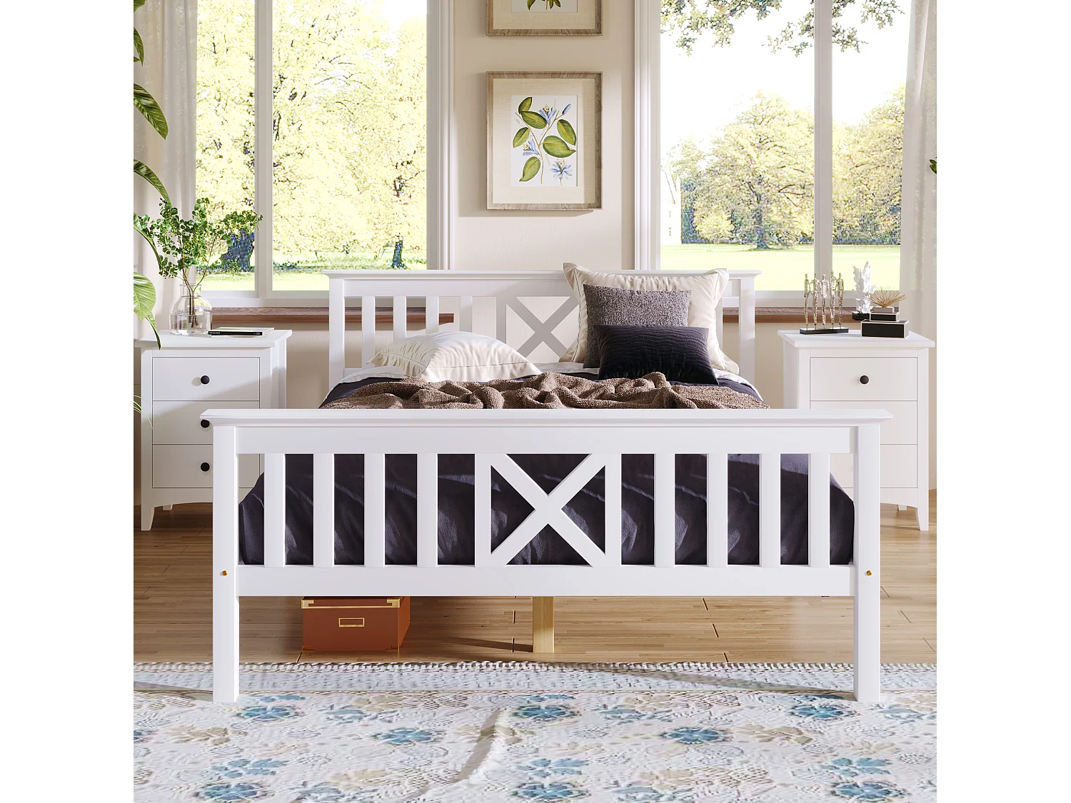 Cama Doble 140x200 Cm Con Cabecero En X Y Somier Madera Maciza – Color Blanco