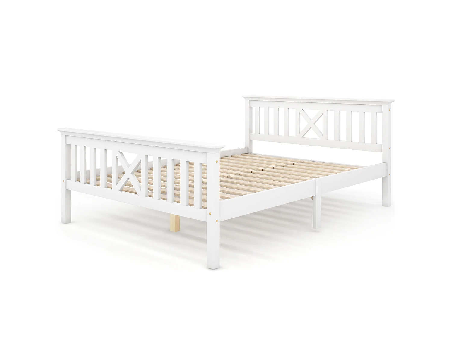 Cama Doble 140x200 Cm Con Cabecero En X Y Somier Madera Maciza – Color Blanco