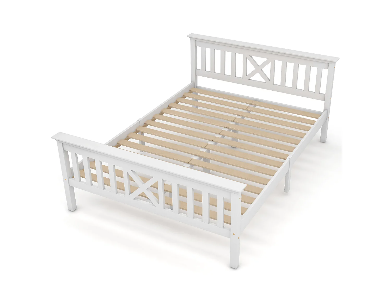Cama Doble 140x200 Cm Con Cabecero En X Y Somier Madera Maciza – Color Blanco