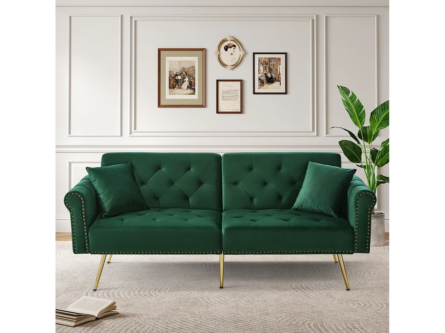 Canapé-lit 2 places moderne, 173 x 75 x 70, clic clac, dossier réglable sur 3 niveaux, Velours vert vintage