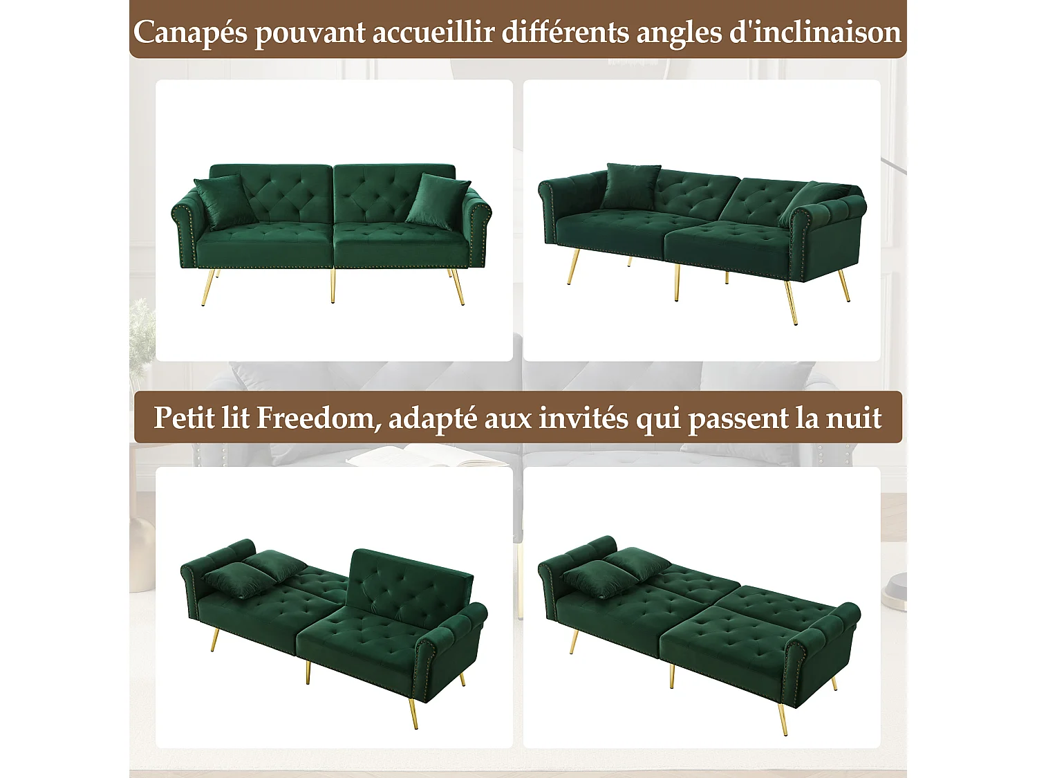 Canapé-lit 2 places moderne, 173 x 75 x 70, clic clac, dossier réglable sur 3 niveaux, Velours vert vintage