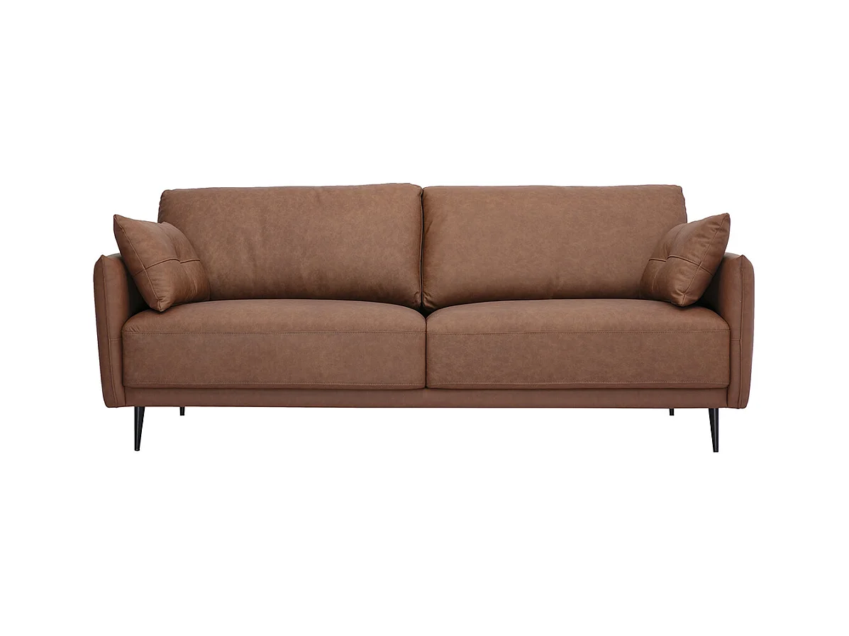 Canapé vintage 3 places cuir marron et bois foncé DAVEN