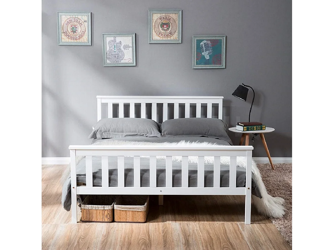 Lit double 140 x 200 cm, design minimaliste, tête de lit, pin+ MDF blanc, sans matelas