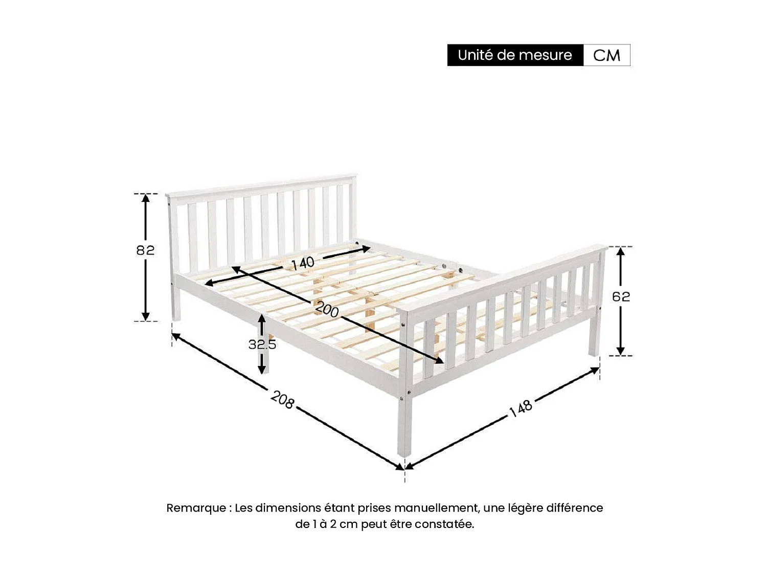 Tweepersoonsbed 140x200 cm - Houten Bed Met 26 Latten - Kwalitatief Grenen - Wit - Zonder Matras