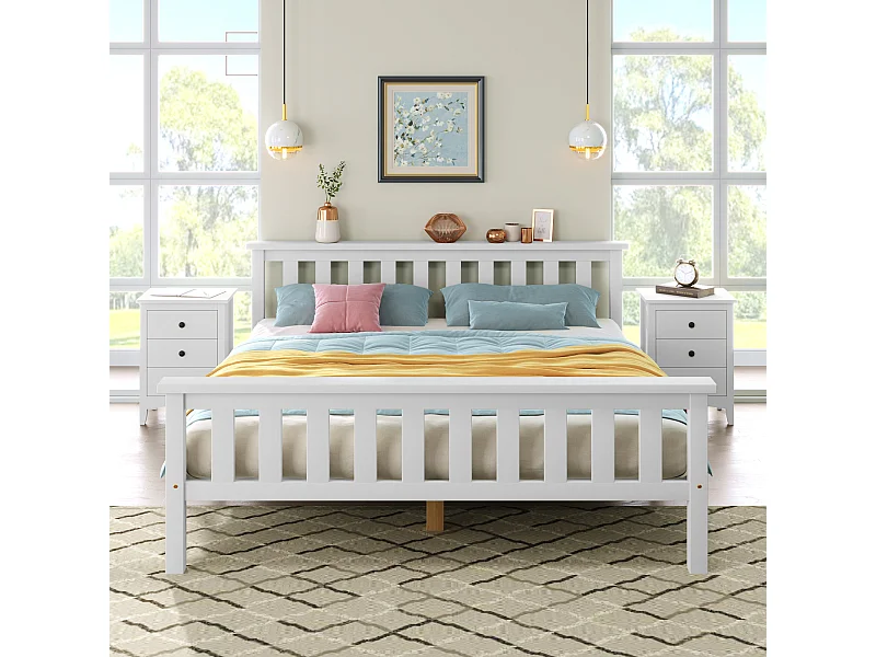 Lit double 140 x 200 cm, design minimaliste, tête de lit, pin+ MDF blanc, sans matelas