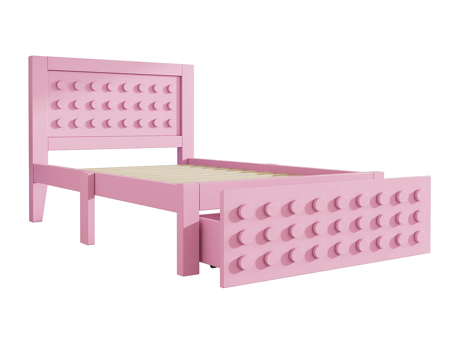 Lit simple en bois rose 90x190 cm, lit enfant, design en blocs, tiroirs, espace de rangement, sans matelas