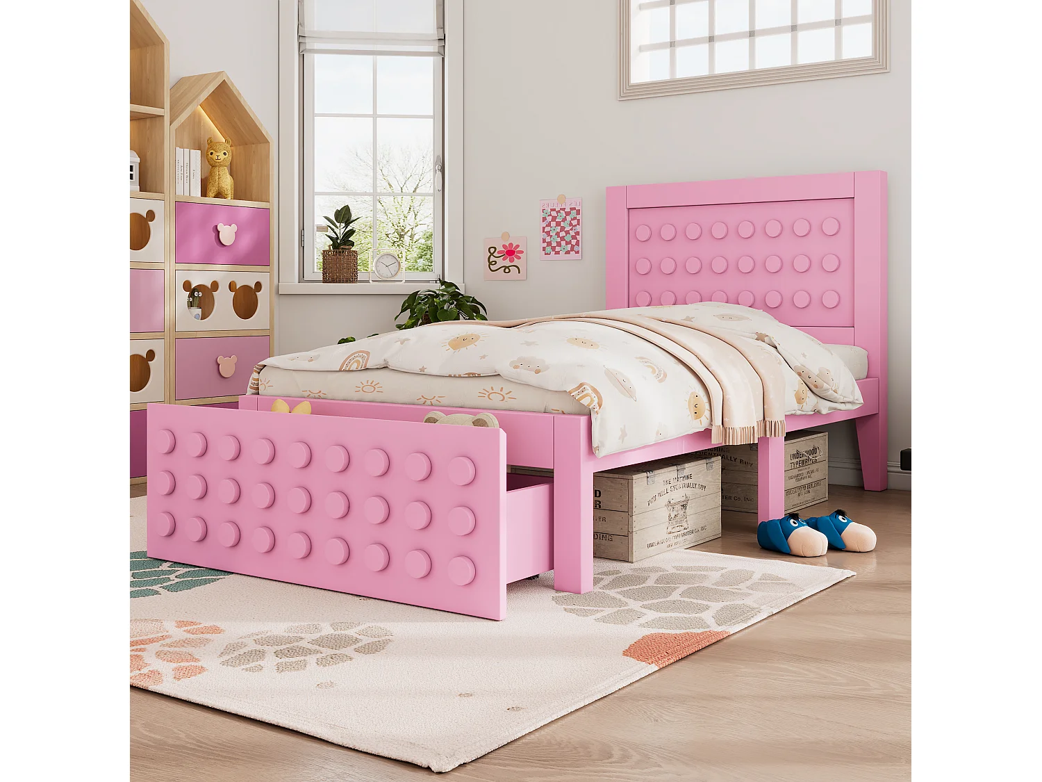 Lit simple en bois rose 90x190 cm, lit enfant, design en blocs, tiroirs, espace de rangement, sans matelas
