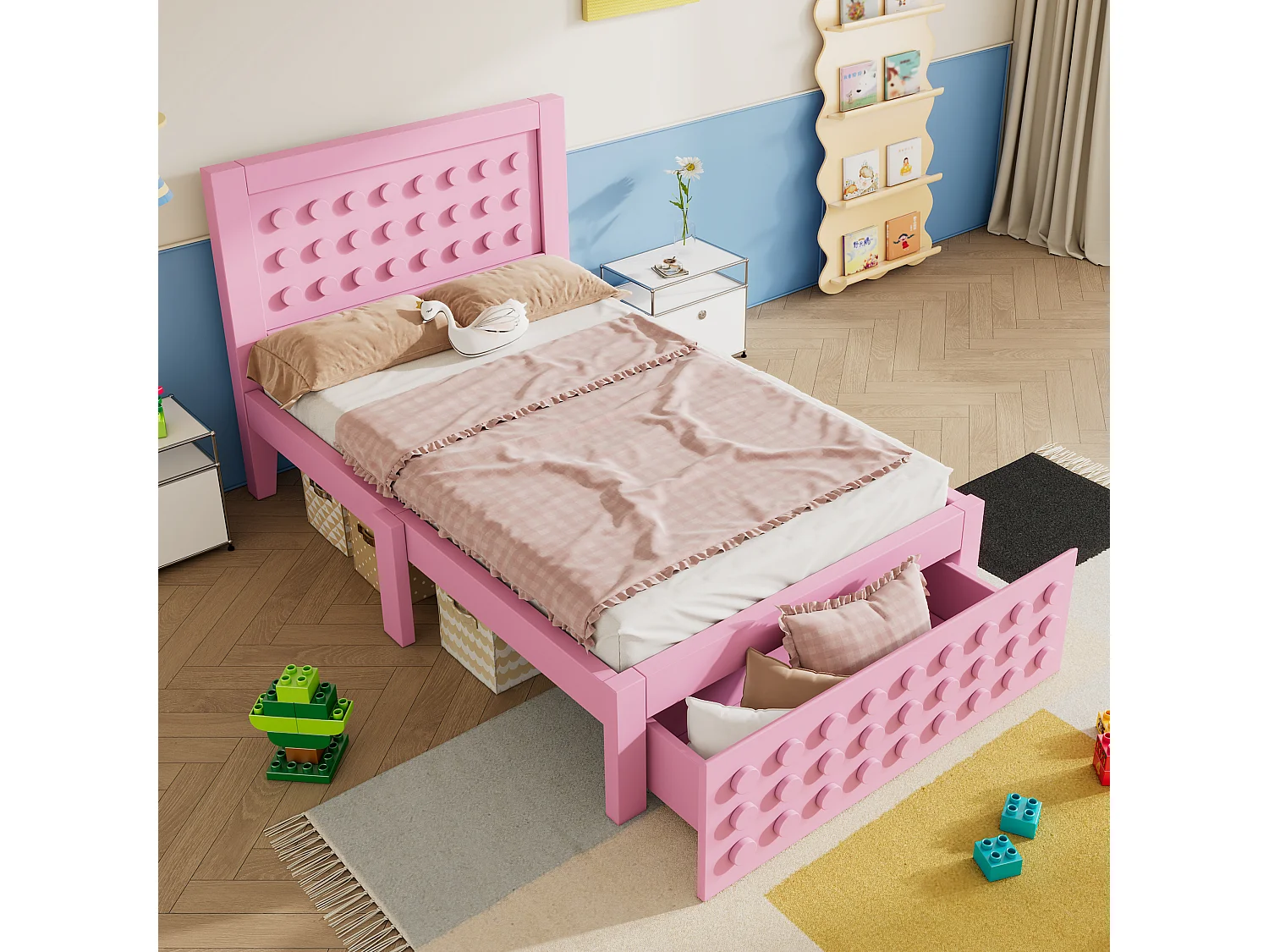 Lit Enfant 90 x 190 cm - En Bois - Tiroir De Rangement + Espace Sous-Lit 26 cm - Bords Anti-Collision - Rose - Sans Matelas