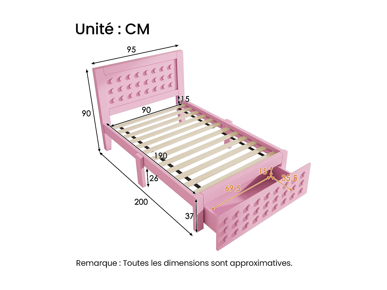 Lit Enfant 90 x 190 cm - En Bois - Tiroir De Rangement + Espace Sous-Lit 26 cm - Bords Anti-Collision - Rose - Sans Matelas