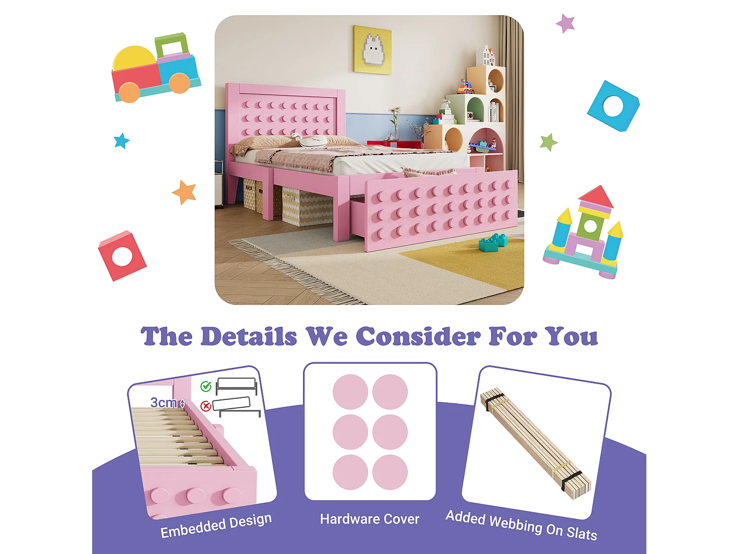 Lit Enfant 90 x 190 cm - En Bois - Tiroir De Rangement + Espace Sous-Lit 26 cm - Bords Anti-Collision - Rose - Sans Matelas