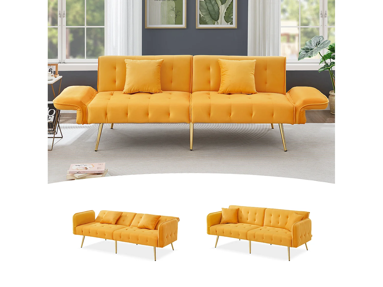 Canapé 2 places moderne, 178 x 82 x 70, clic clac, dossier et accoudoirs réglable, Velours Jaune