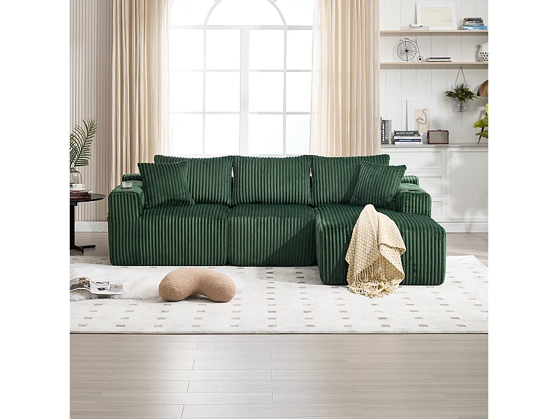 Canapé d'angle 3 places, 257 x 160 x 62, rangement, pour salon, appartement et studio, Corduroy Vert émeraude