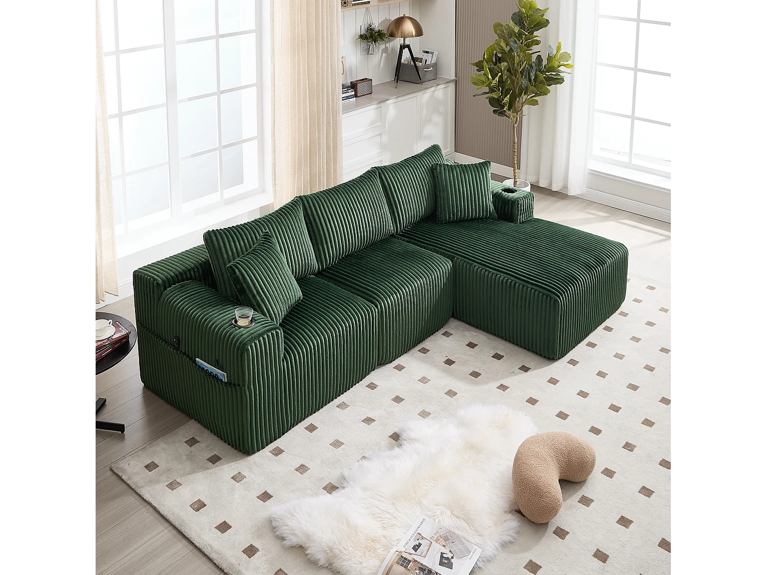 Canapé d'angle 3 places, 257 x 160 x 62, rangement, pour salon, appartement et studio, Corduroy Vert émeraude