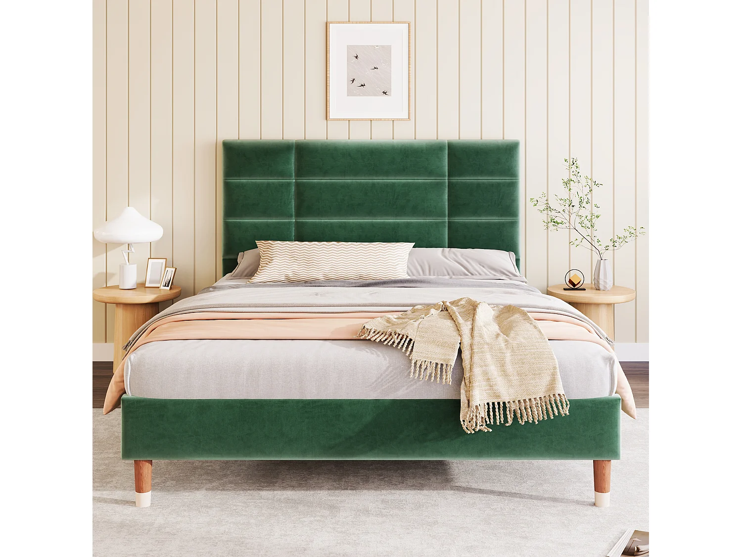 Gestoffeerd Bed 140x200 cm - Gewatteerd Hoofdeinde 8 cm - Lattenbodem - Onderopslag 17 cm - Voor Volwassenen - Fluweel - Donkergroen - Zonder matras