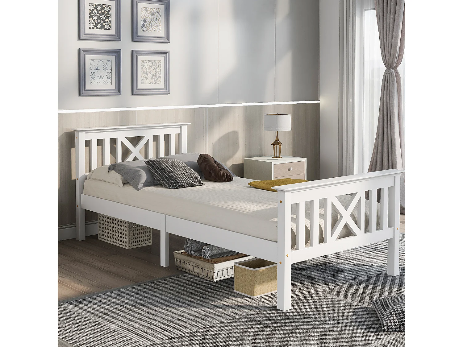 Cama Individual 90x200 Cm Con Cabecero En X Madera Maciza Y Lamas Integradas – Color Blanco