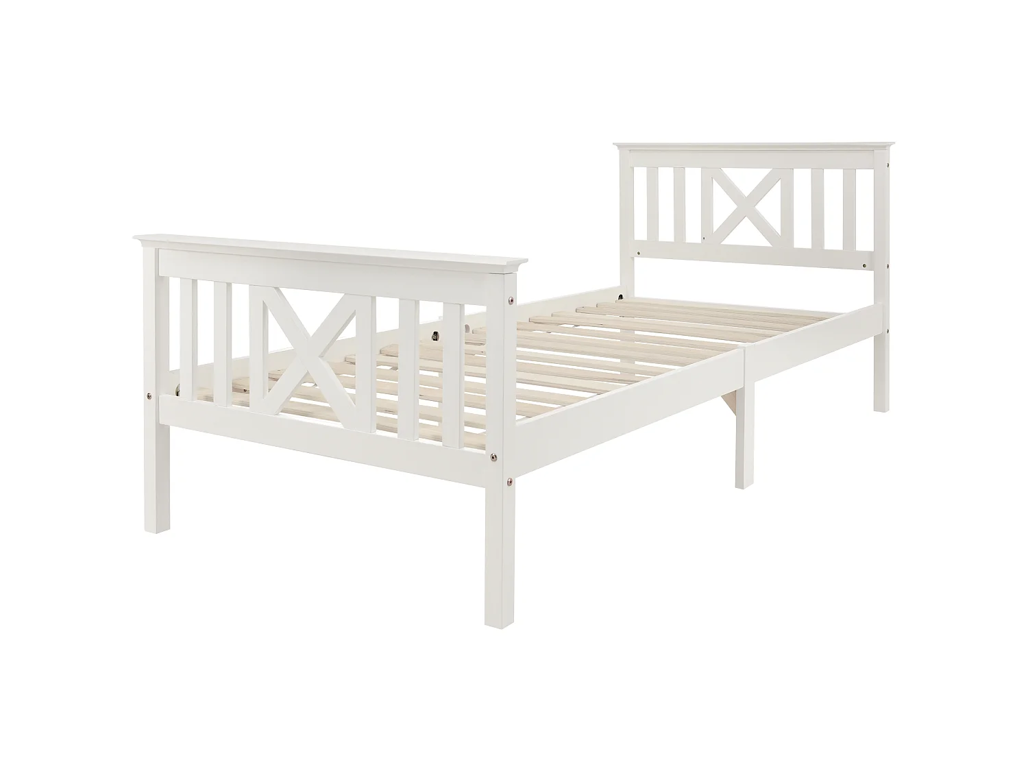 Cama Individual 90x200 Cm Con Cabecero En X Madera Maciza Y Lamas Integradas – Color Blanco