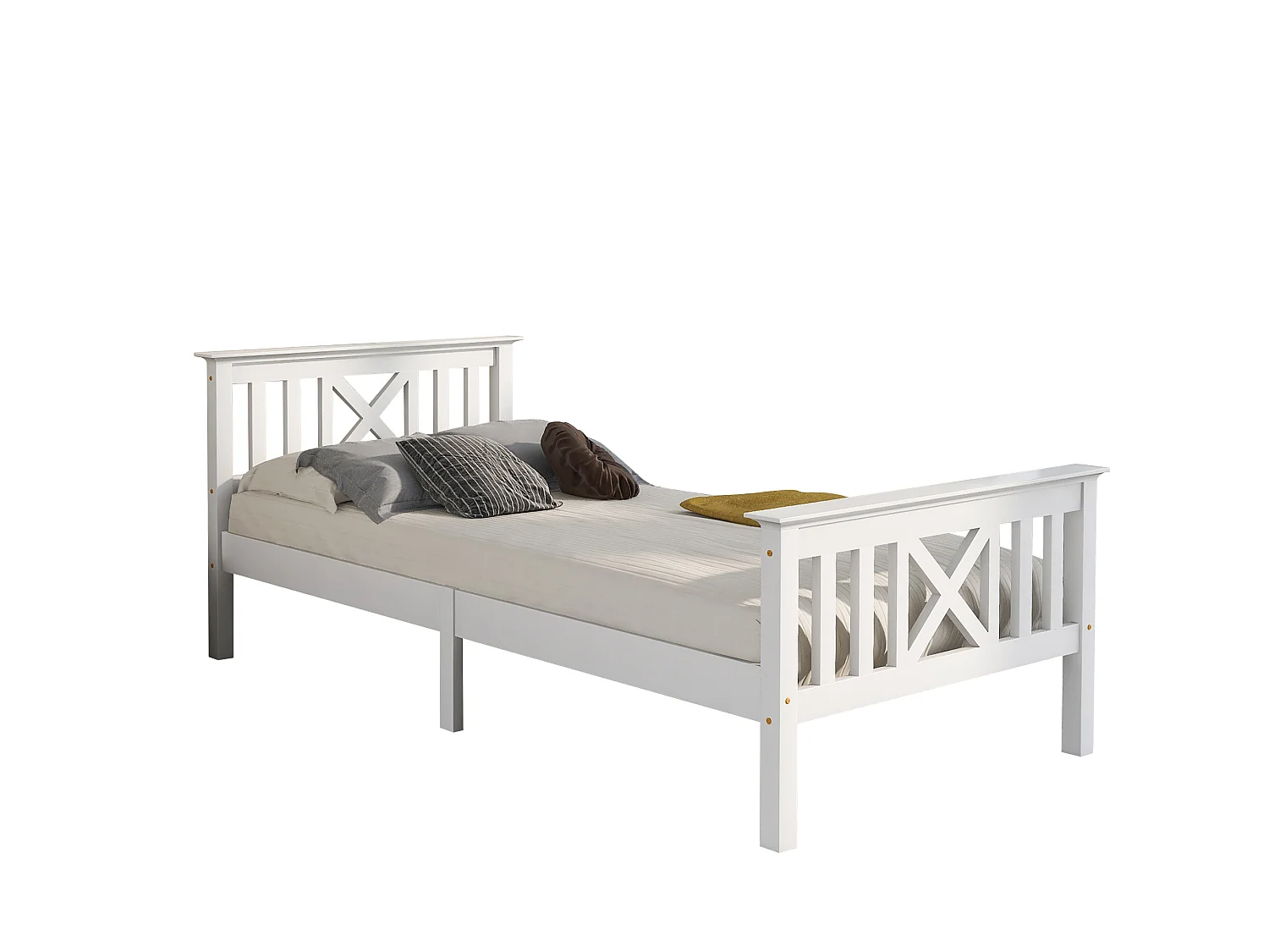 Cama Individual 90x200 Cm Con Cabecero En X Madera Maciza Y Lamas Integradas – Color Blanco