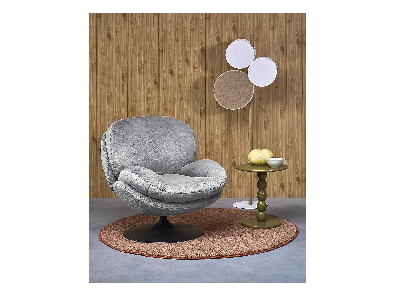 Fauteuil rembourré gris en tissu avec piètement pivotant MARIA