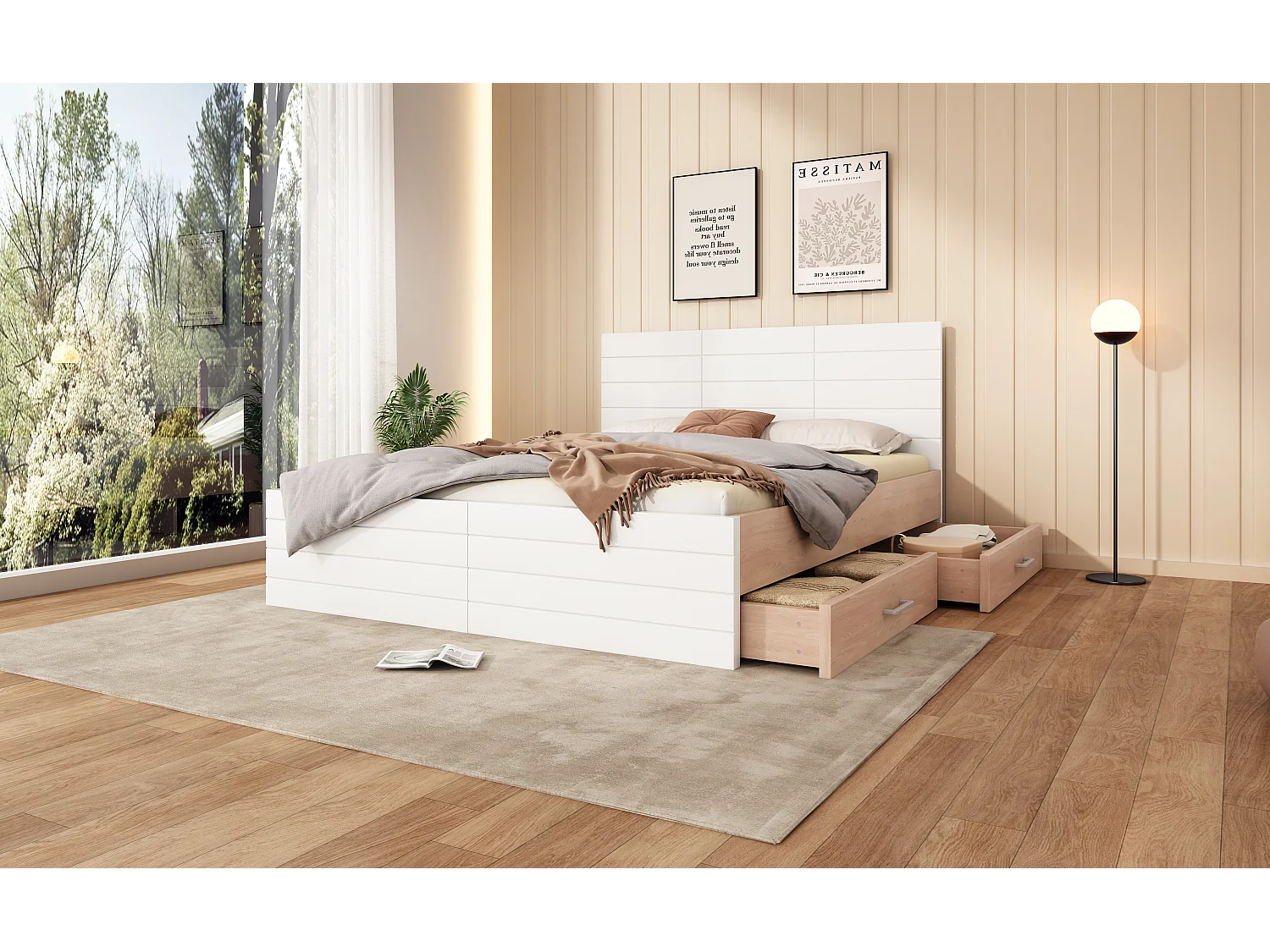 Lit double moderne 160×200 cm avec 2 tiroirs, cadre de lit et sommier à lattes, en bois blanc, sans matelas