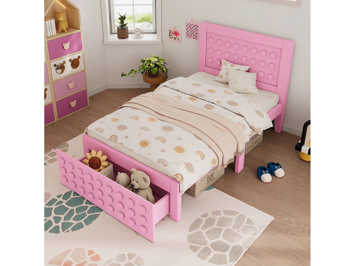 Lit Enfants 90 x 200 cm - Cadre En Bois - Tiroir De Rangement Et Espace Sous-Lit 26 cm - Lattenrost - Sans Matelas - Rose