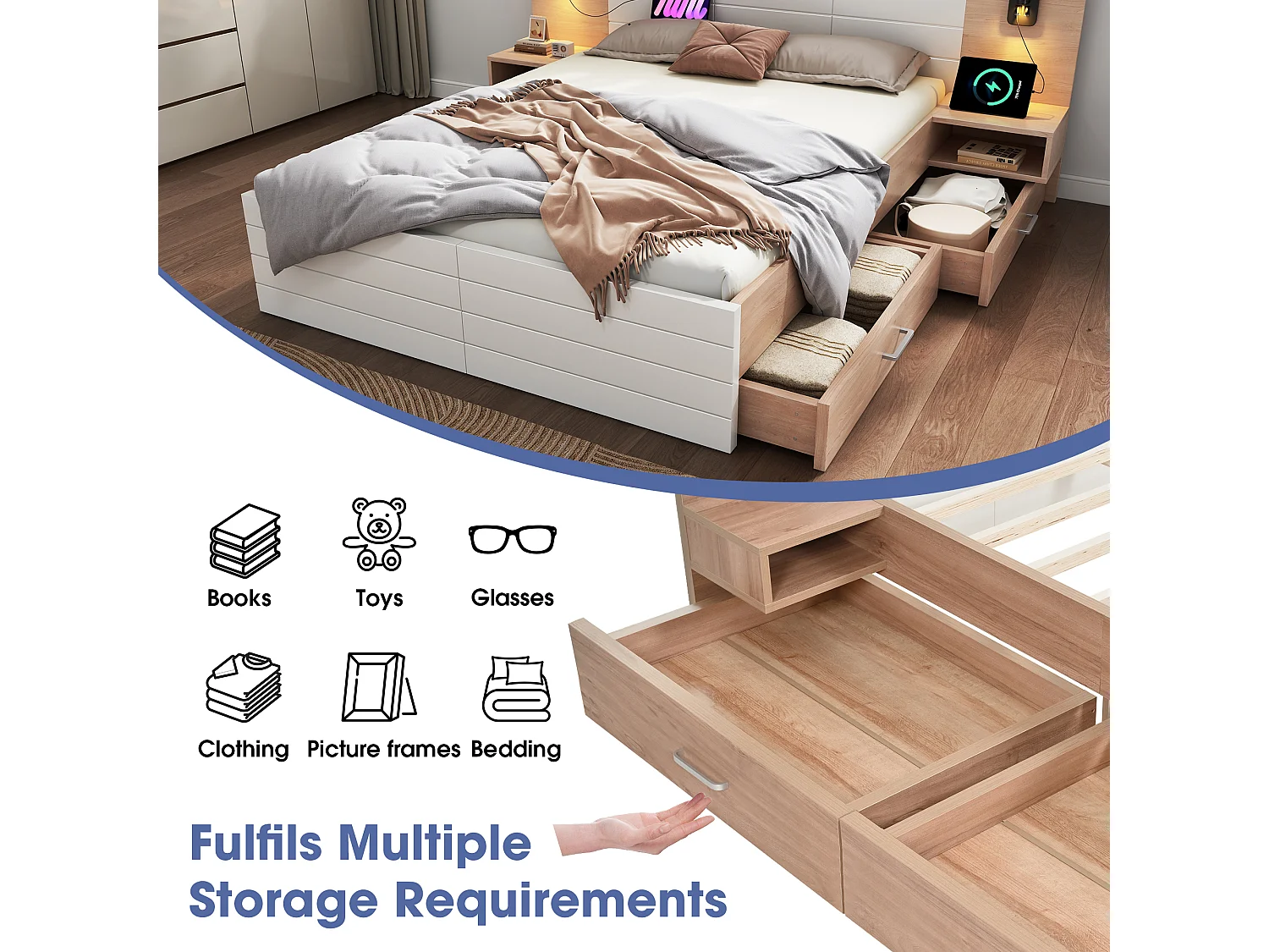 Lit Adulte 140 x 200 cm - 2 Tiroirs et Éclairage 360 Degrés + Port USB - Bois Massif+MDF - Sans Matelas - Blanc+Chêne Clair